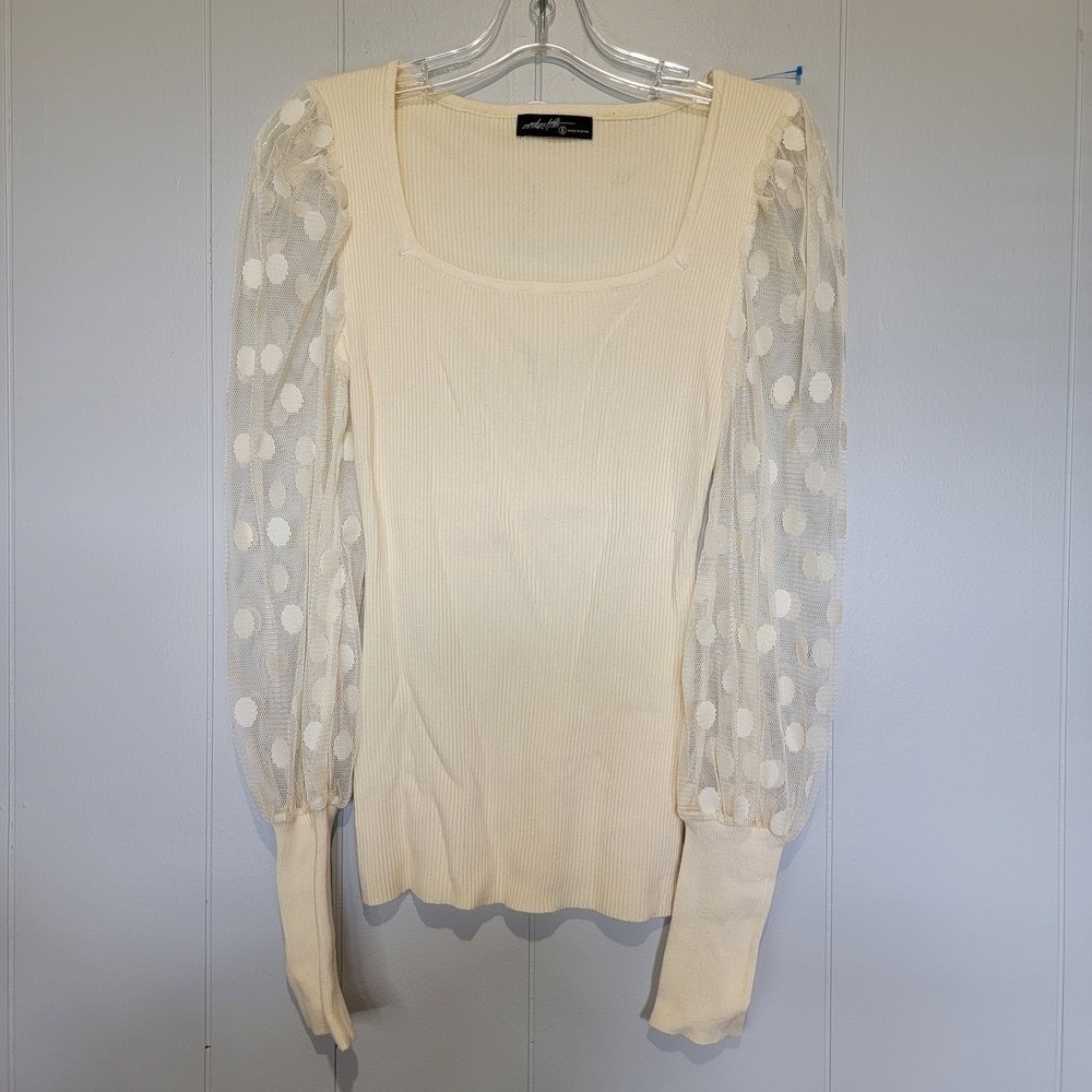 On Twelfth Cream‎ Ribbed Knit Top Sheer Polka Dot Mesh Puff Sleeve Square Neck S